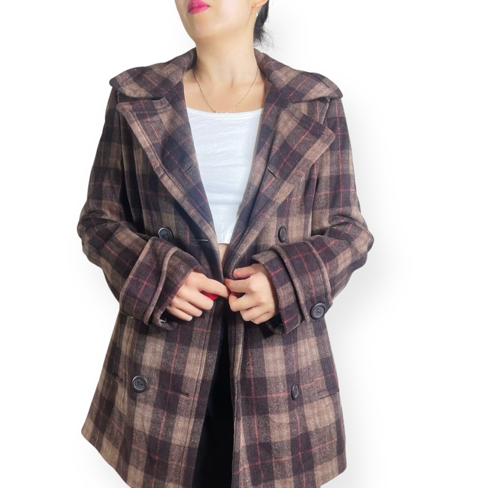 CASTRO COAT Wool Blend Quilt-lined Plaid Pea Coat Size US 10